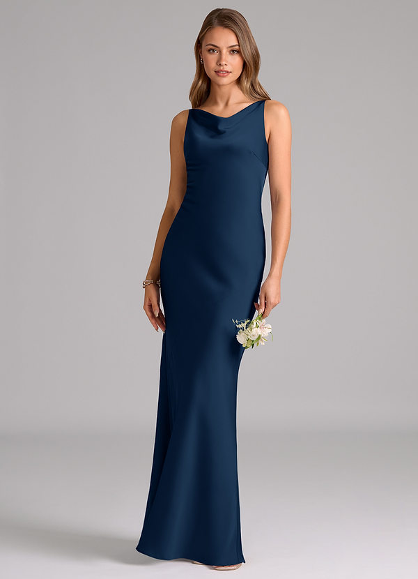 Azazie Allettie Bridesmaid Dresses Dark Navy Mermaid Stretch Satin Dress image1