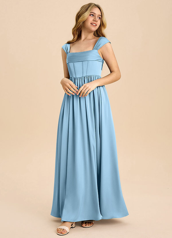 Azazie Hattie Junior Steel Blue A-Line Pleated Stretch Satin Dress image1