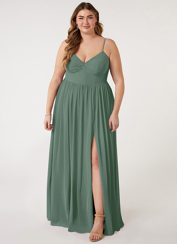 Azazie Zeya Bridesmaid Dresses Eucalyptus A-Line V-Neck Pleated Chiffon Dress image1
