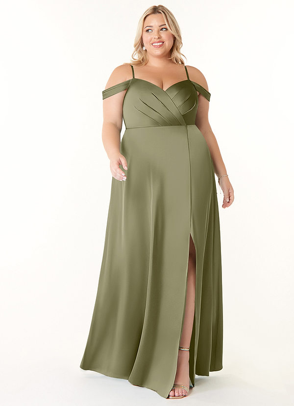 Azazie Ocean Brautjungfernkleider A-Linie V-Hals Gefaltet Stretch-Satin Kleid Pistazie image1