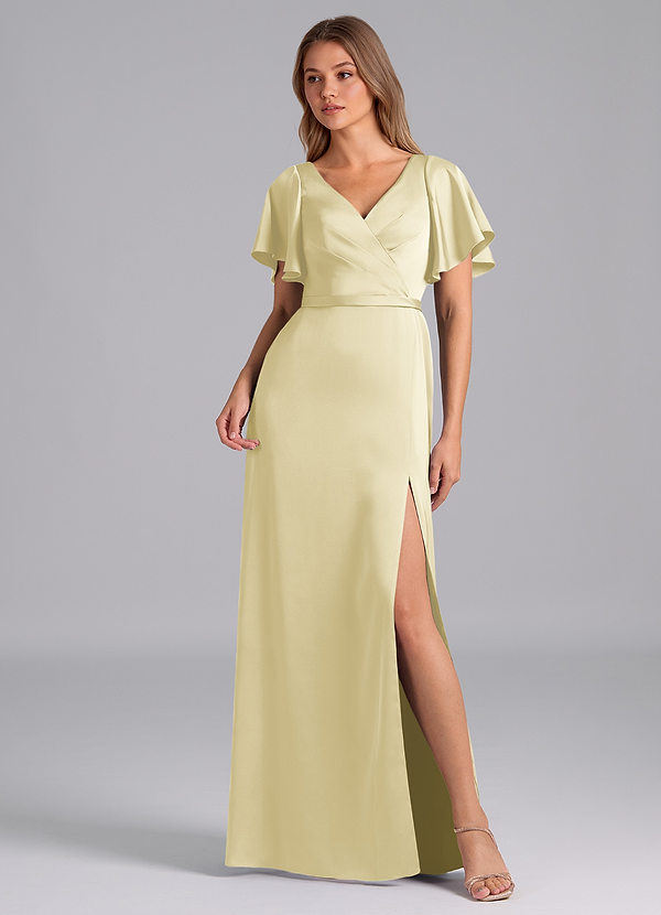 Azazie Ambrosia Bridesmaid Dresses Lemon Sorbet A-Line Pleated Stretch Satin Dress image1