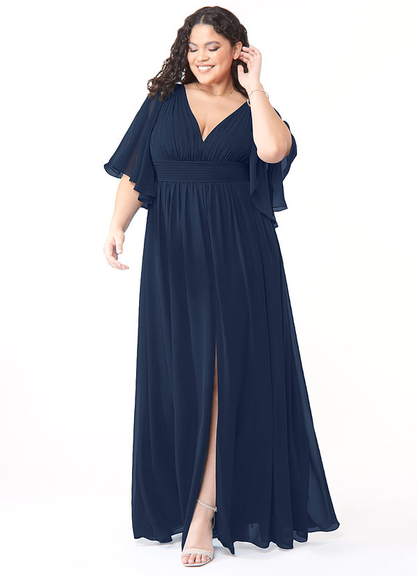 Azazie Temeka Robes Demoiselle d'honneur Robe Trapèze en Mousseline de soie Rayé Bleu Marine Foncé image1
