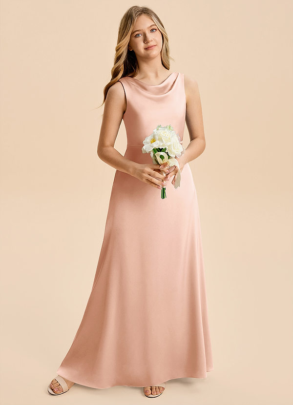 Azazie Kiki Junior Robe Trapèze en Satin extensible Nœud Or Rose image1