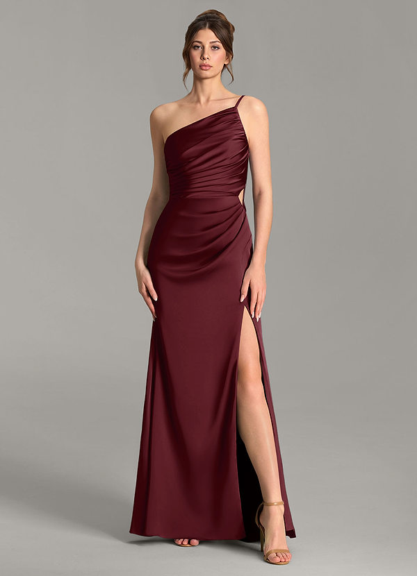 Azazie Hudsyn Bruidsmeisjesjurken Jurk van Stretch Satijn met Zeemeermin One-shoulder Cabernet image1