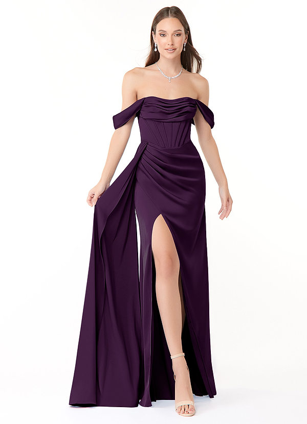 Azazie Amyra Bridesmaid Dresses Grape Sheath Off the Shoulder Stretch Satin Convertible Dress image1