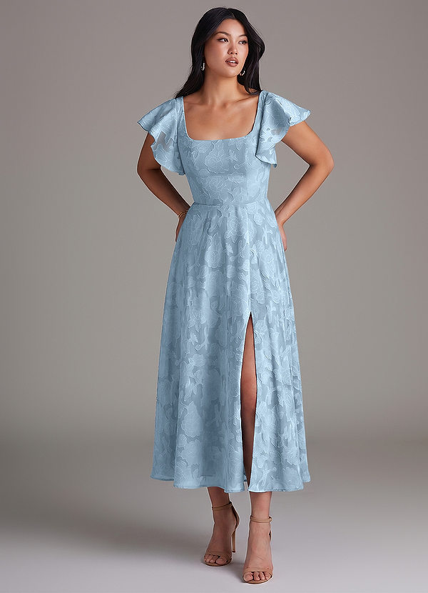 Azazie Bondi Bridesmaid Dresses Sky Blue A-Line Ruched Floral Burnout Dress image1
