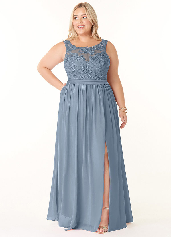 Azazie Elly Abiti da Damigella Abito A-Line in Chiffon Scollo a barchetta in pizzo Blu Polveroso image1