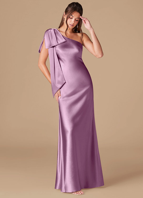 Azazie Capri Bridesmaid Dresses Wisteria Sheath One Shoulder Metallic Satin Dress image1