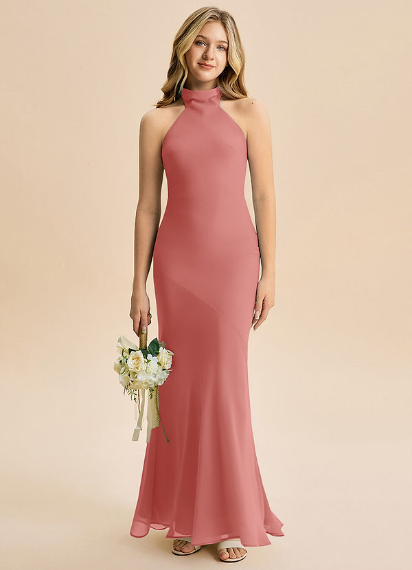 Azazie Velli Junior Vestido Rosa Antiga de Chiffon de sereia com Pescoço alto image1