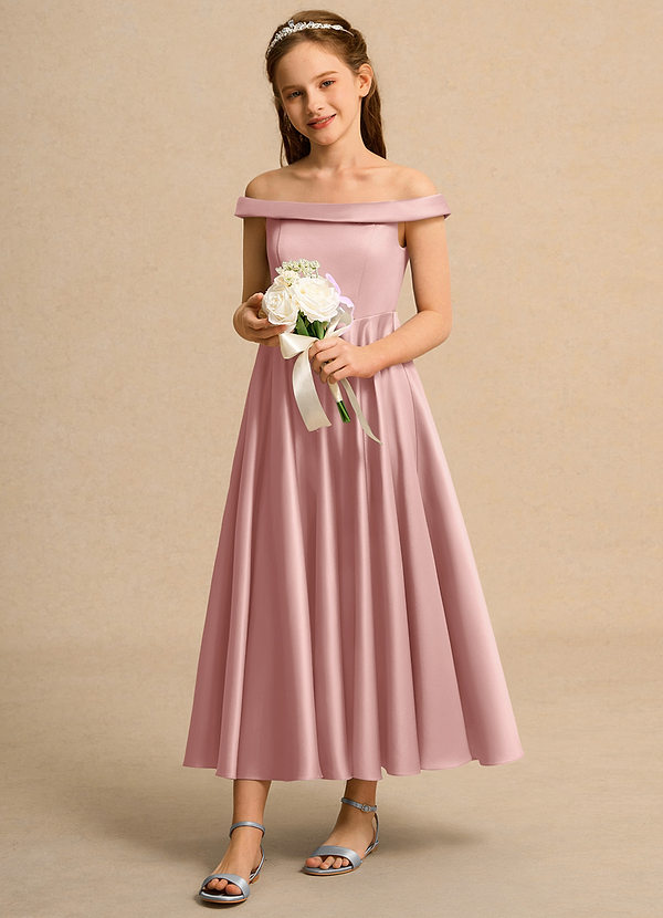 Azazie Teeny Girls Formal Bloemenmeisjes Jurken A-Lijn Jurk van Mat Satijn Geplooid Rosé Goud image1