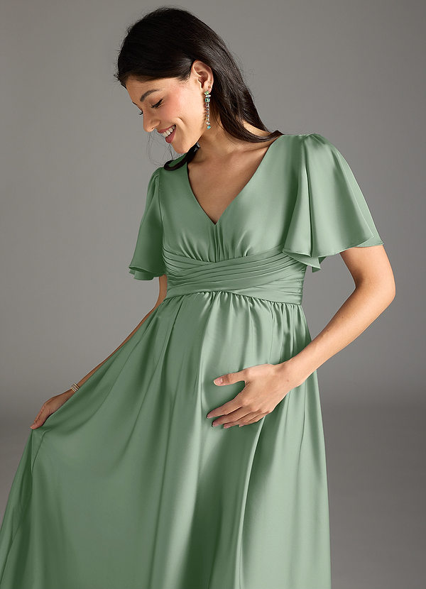 Azazie Verna Maternity Bridesmaid Dresses A-Line Ruched Stretch Satin Floor-Length Dress image1