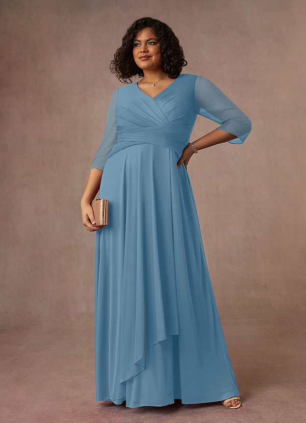 Azazie Annetta Abiti Mamma della Sposa Abito A-Line in Maglia Plissettao con Scollo a V Blu Acciaio image1