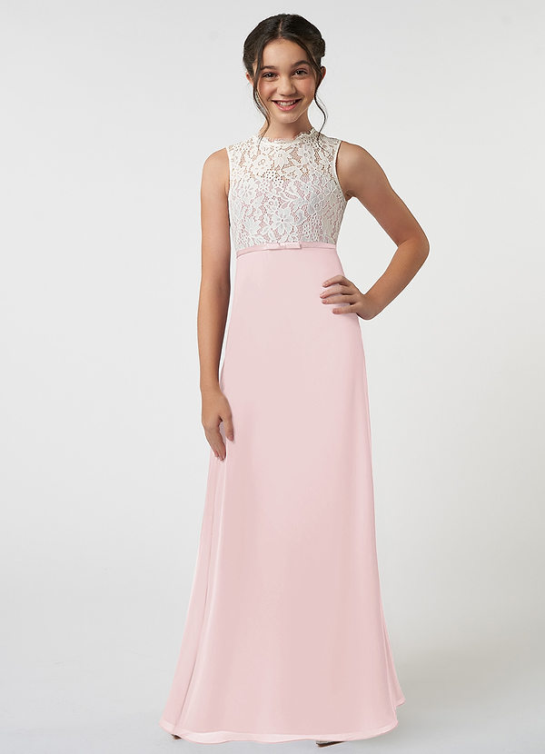 Azazie Rana Junior Robe Trapèze en Mousseline de soie Dentelle Rose Pâle image1