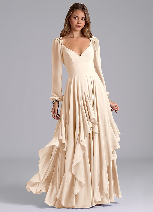 Azazie Karan Bridesmaid Dresses White Alabaster A-Line Long Sleeve Chiffon Dress image1