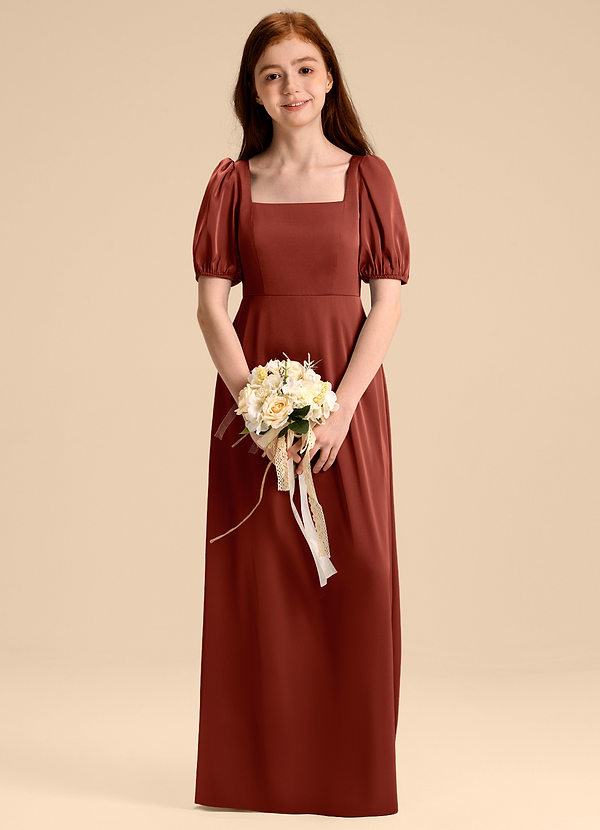 Azazie Briar Junior Terracotta A-Line Bow Stretch Satin Dress image1