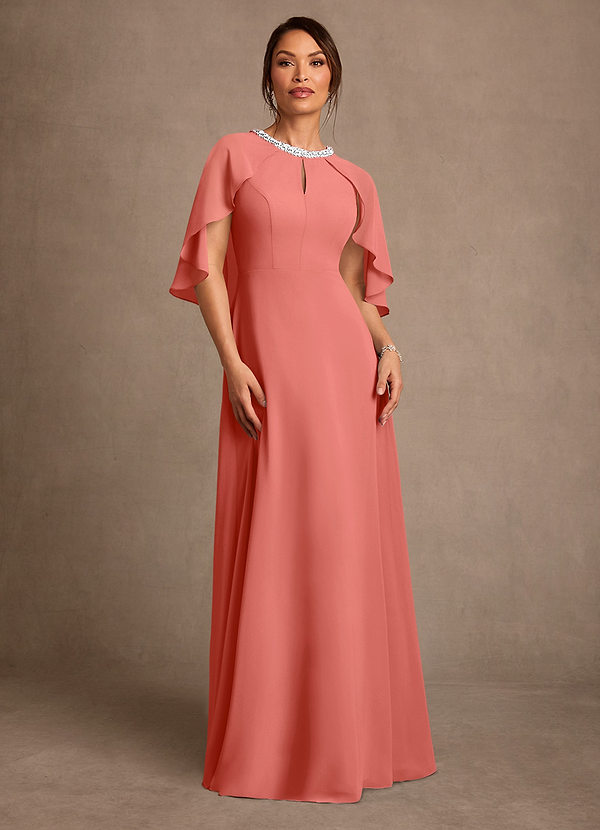 Azazie Winnifred Moeder van de Bruid Jurken A-Lijn Jurk van Chiffon Kralen Zalm Roze image1