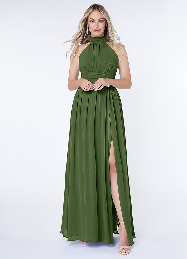 Azazie Iman Bridesmaid Dresses Olive A-Line A-Line Ruched Chiffon Dress image1