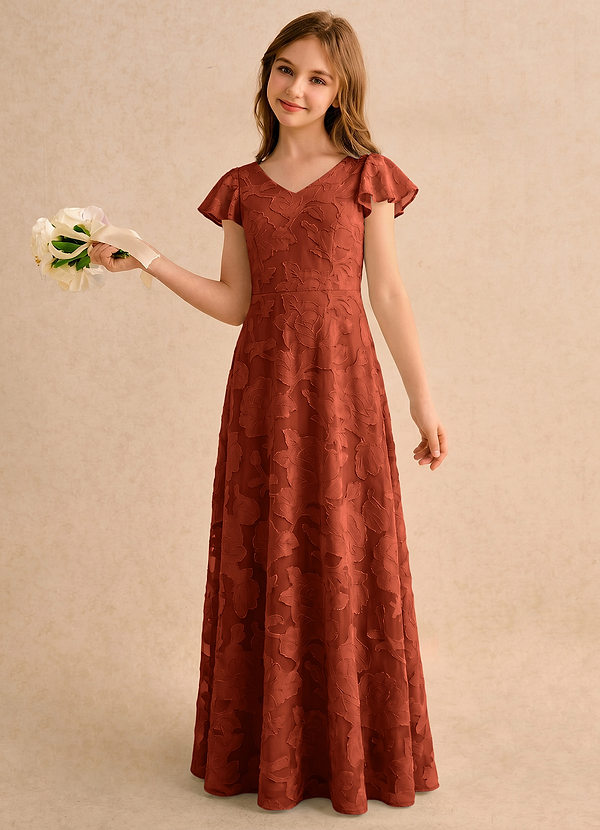Azazie Narin Girls Formal Flower Girl Dresses Auburn A-Line with Sleeves Floral Burnout Dress image1
