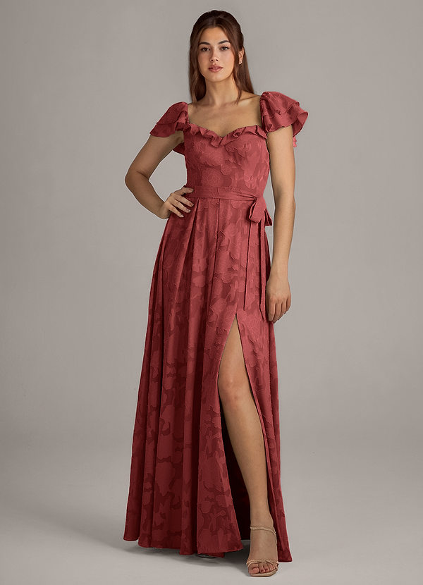 Azazie Aricella Bridesmaid Dresses Terracotta A-Line Corset Floral Burnout Dress image1