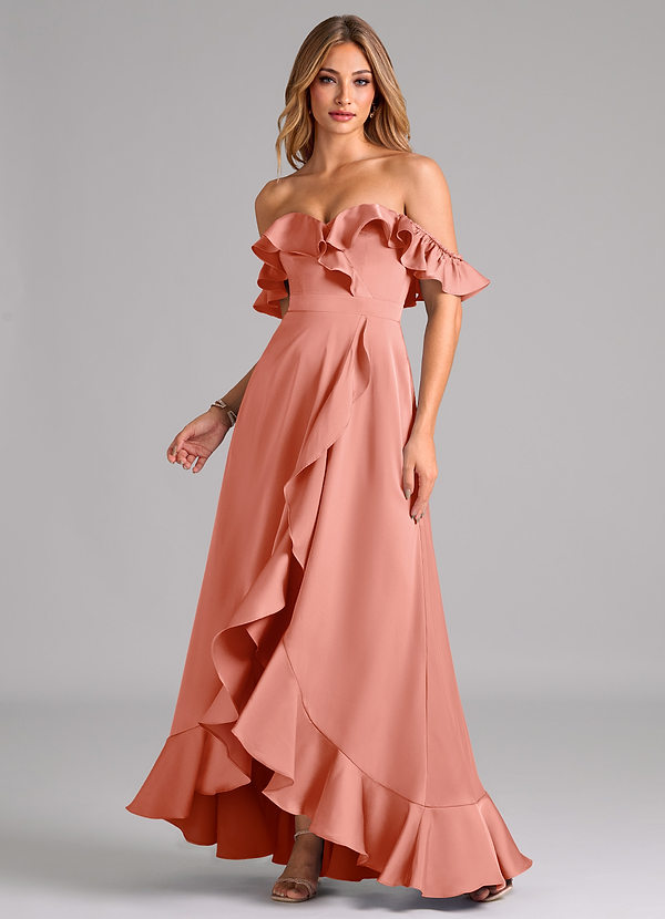 Azazie Lyra Robes Demoiselle d'honneur Robe Trapèze Convertible en Satin extensible Épaule décolletée Corail image1