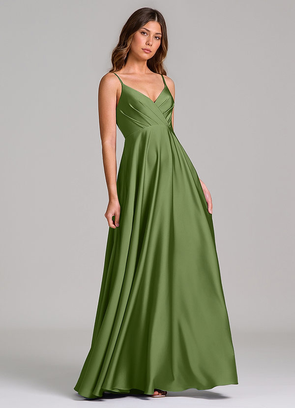 Azazie Amani Bridesmaid Dresses Juniper A-Line Pleated Stretch Satin Dress image1