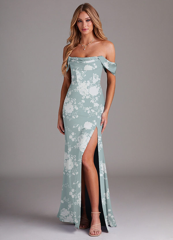 Azazie Saige Bridesmaid Dresses Powder Blue Floral Sheath Off the Shoulder Stretch Satin Dress image1