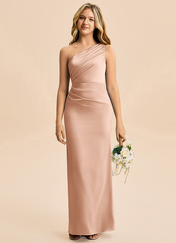 Azazie Akilah Junior Vestido de Oro Rosa de Satén Elástico de Corte Recto con Plisado image1