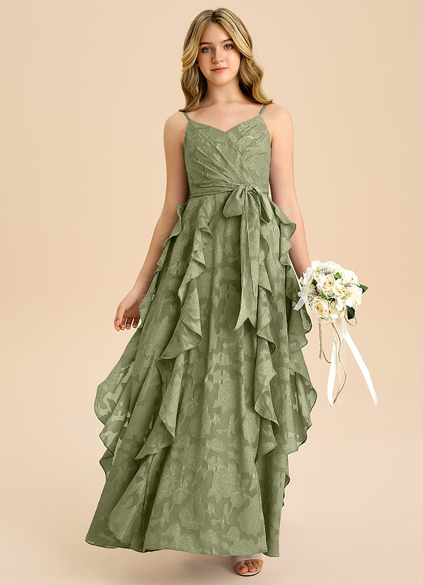 Azazie Peyton Junior Vestido de Pistacho de Devorado Floral de Corte en A con Plisado image1