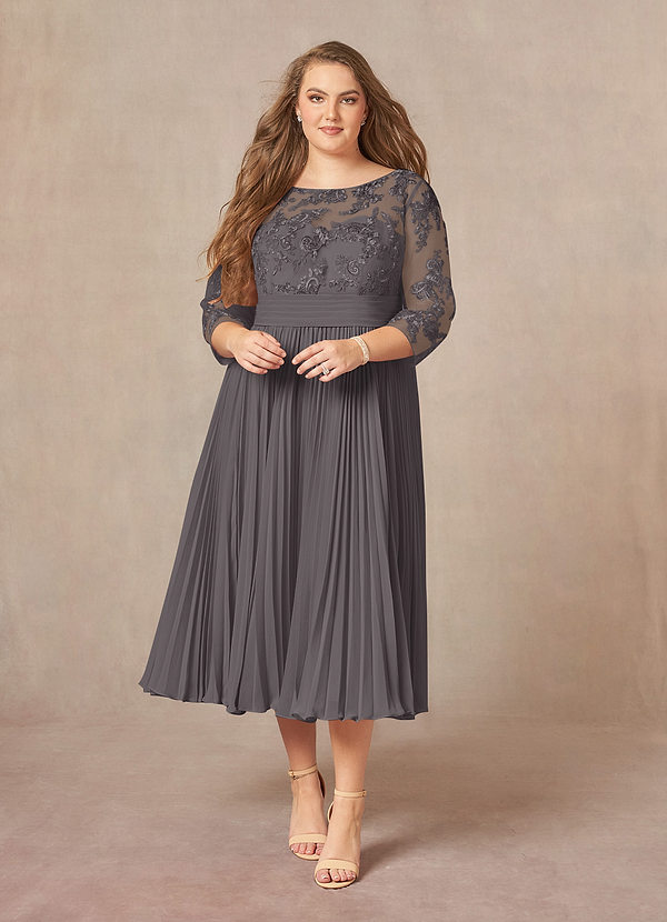 Azazie Tutu Mother of the Brides Dresses Steel Grey A-Line Boatneck Lace Chiffon Dress image1
