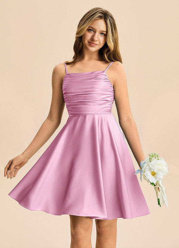 Azazie Miko Junior Candy Pink A-Line Pleated Stretch Satin Dress image1