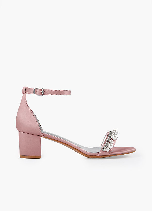 front Matching Color Matte Satin Pearl and Rhinestone Block Heel Sandals