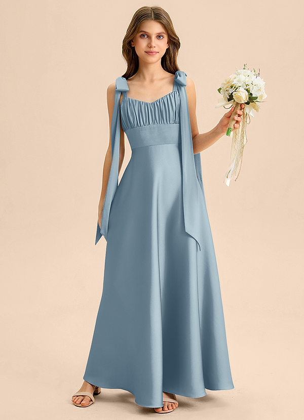 Azazie Halley Junior Robe Trapèze en Satin extensible Arc Bleu Poussiéreux image1