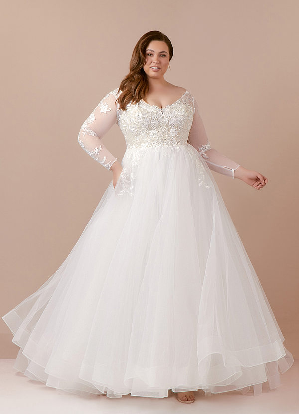 Azazie Freya Vestidos de Novia Vestido de Blanco Diamante Champán de Tul de Corte en A con Lentejuela image1