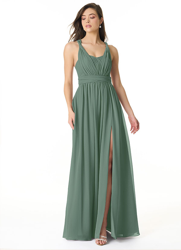 Azazie Olani Robes Demoiselle d'honneur Robe Trapèze Convertible en Mousseline de soie Épaule décolletée Eucalyptus image1