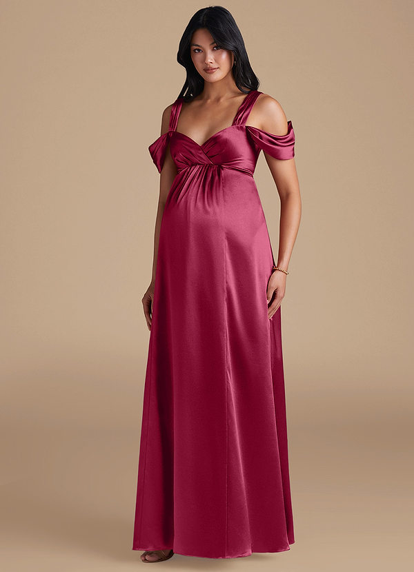 Azazie Rhea Maternity Bridesmaid Dresses A-Line Pleated Metallic Satin Floor-Length Dress image1