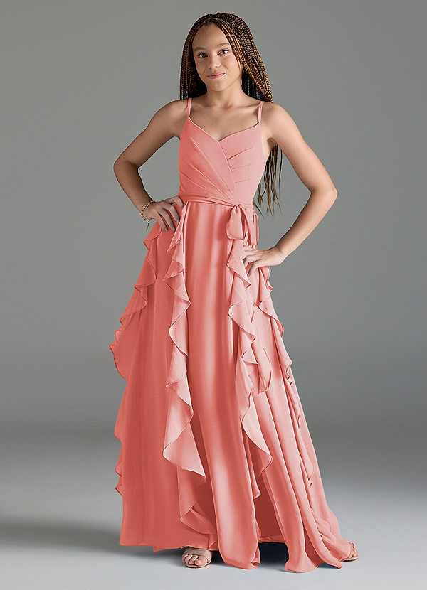 Azazie Peyton Junior Coral A-Line V-Neck Cascading Ruffles Chiffon Dress image1