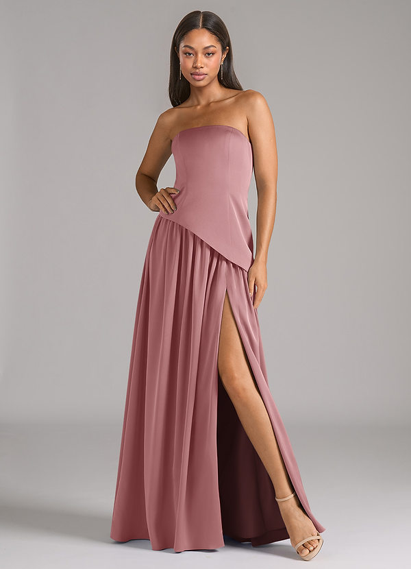 Azazie Adeline Vestidos Dama de Honor Vestido de Rosa Polvorienta de Satén Elástico de Corte en A Convertible con Sin tirantes image1