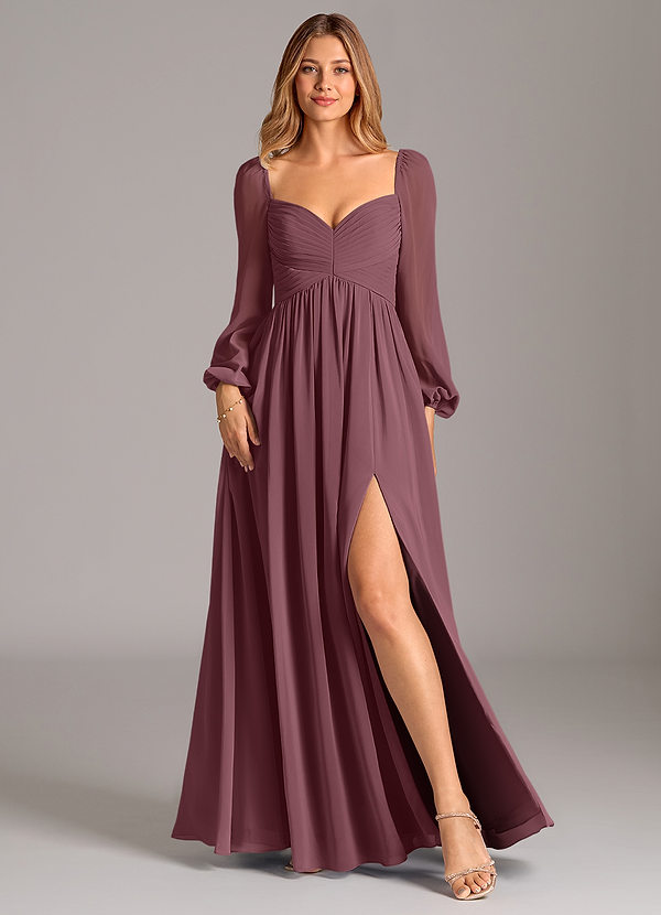 Azazie Bailee Brautjungfernkleider A-Linie Langarm Chiffon Kleid Sangria image1