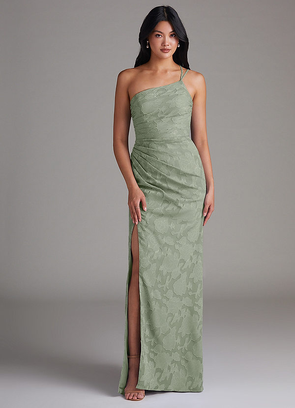 Azazie Eren Bridesmaid Dresses Agave Sheath One Shoulder Floral Burnout Dress image1