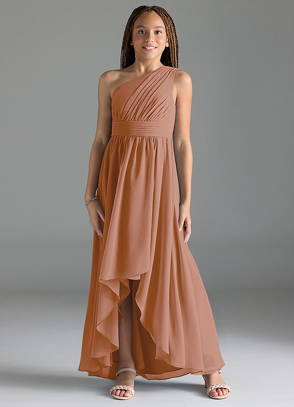 Azazie Mathilda Junior Robe Trapèze en Mousseline de soie Plissée Champagne Rosé image1
