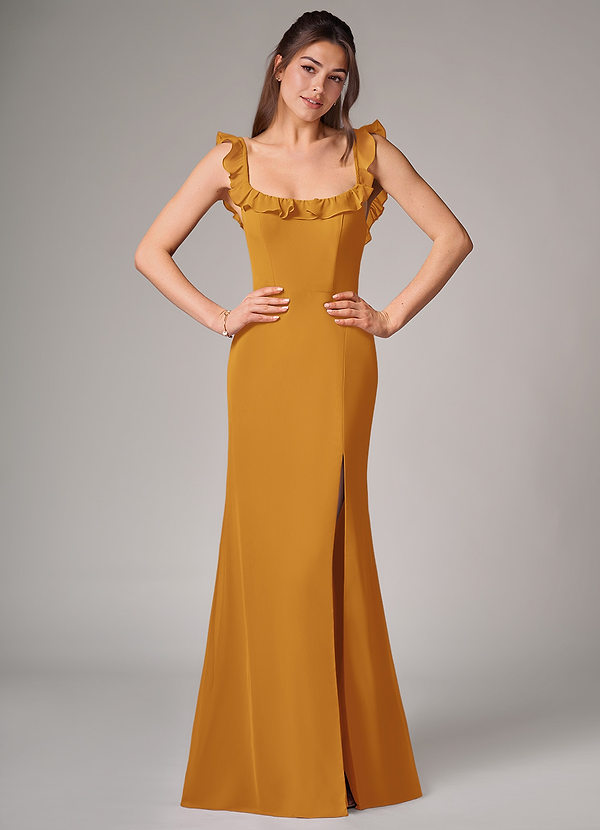 Azazie Callie Bridesmaid Dresses Butterscotch Mermaid Side Slit Chiffon Convertible Dress image1