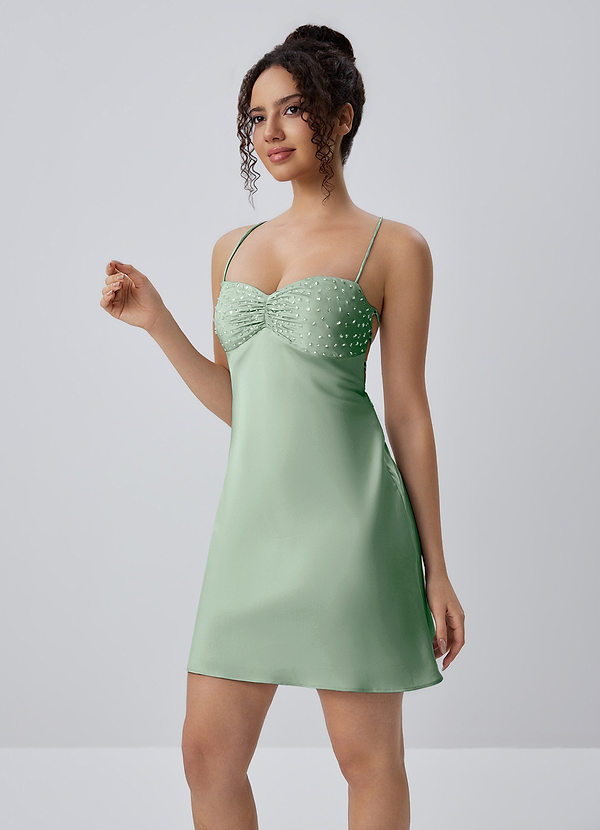 Joviannelle Agave Green Beading Sequin Embroidery Satin Open Back Mini Dress image1