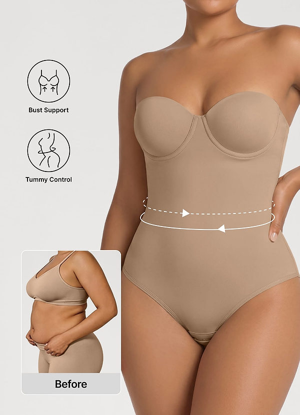 front Full Size Convertible Shapewear Bodysuit with Hideable Strapless Back Clasp