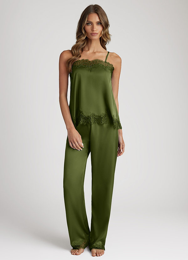 front Olive Lace and Satin Cami and Pants Pajama Set