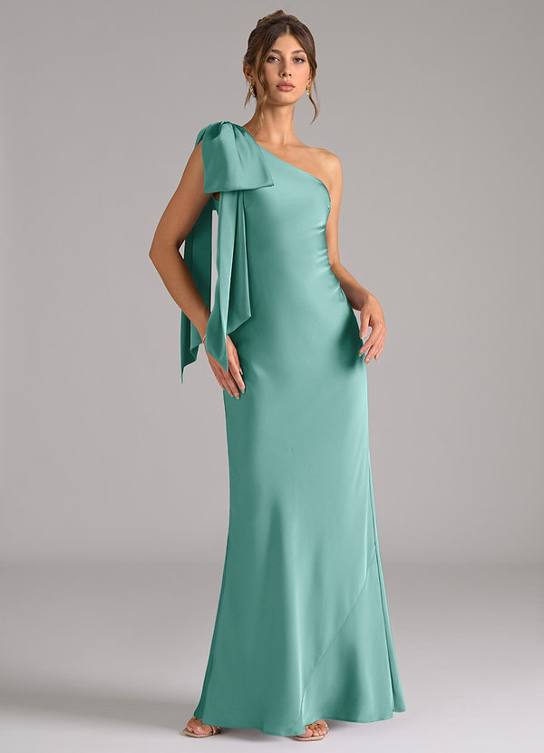 Azazie Capri Bridesmaid Dresses Aqua Mermaid One Shoulder Stretch Satin Dress image1