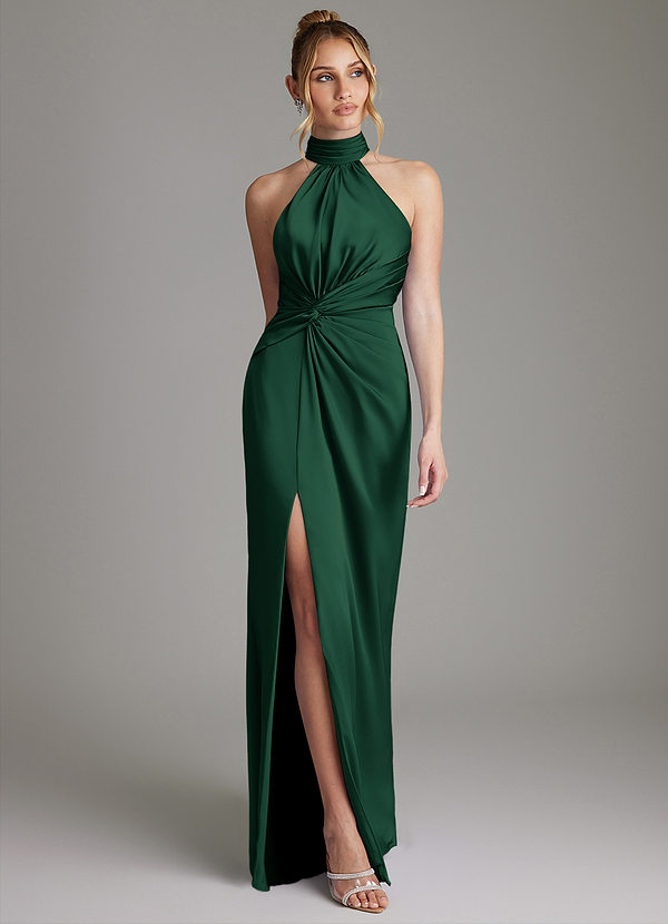 Azazie Gracelynn Abiti da Damigella Abito Tubino in Raso Elasticizzato Plissettato Verde Scuro image1