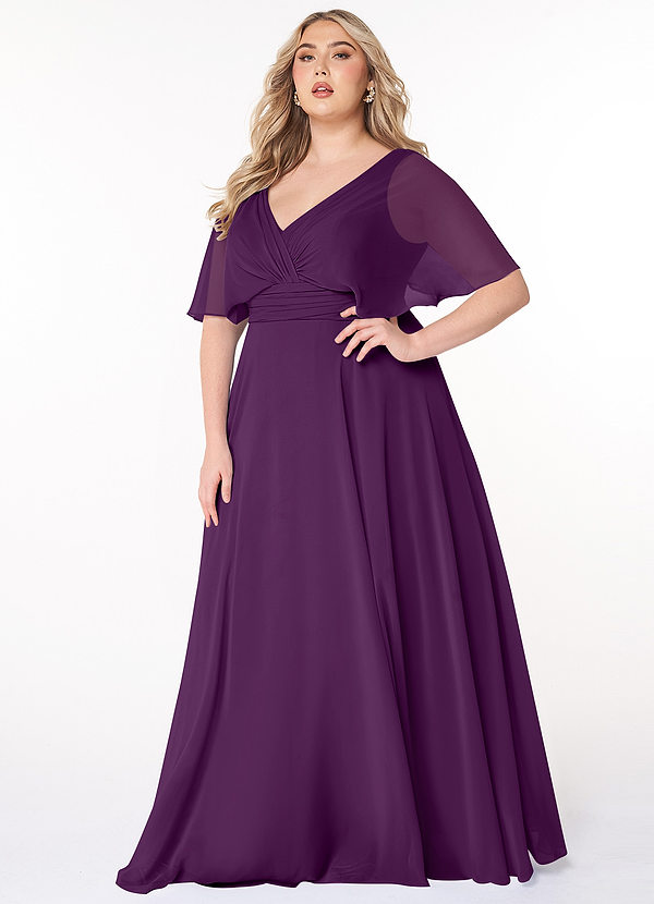Azazie Pamela Bridesmaid Dresses Grape A-Line V-Neck Pleated Chiffon Dress image1