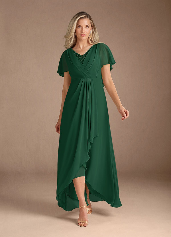 Azazie Eliza Mother of the Brides Dresses Dark Green A-Line V-Neck Pleated Chiffon Dress image1