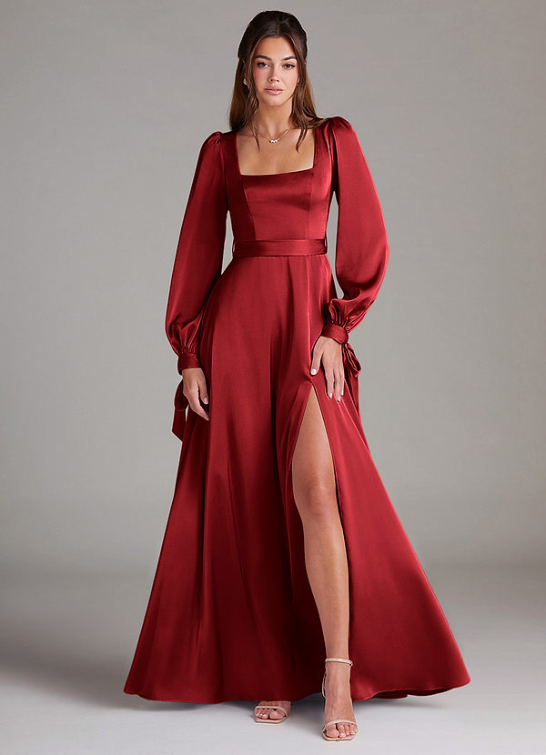 Azazie Leonia Bridesmaid Dresses Scarlet A-Line Long Sleeve Stretch Satin Dress image1