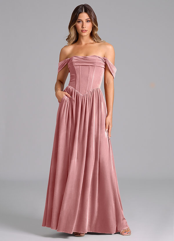 Azazie Hattie Robes Demoiselle d'honneur Robe Trapèze en velours Rayé Rose Poussiéreuse image1
